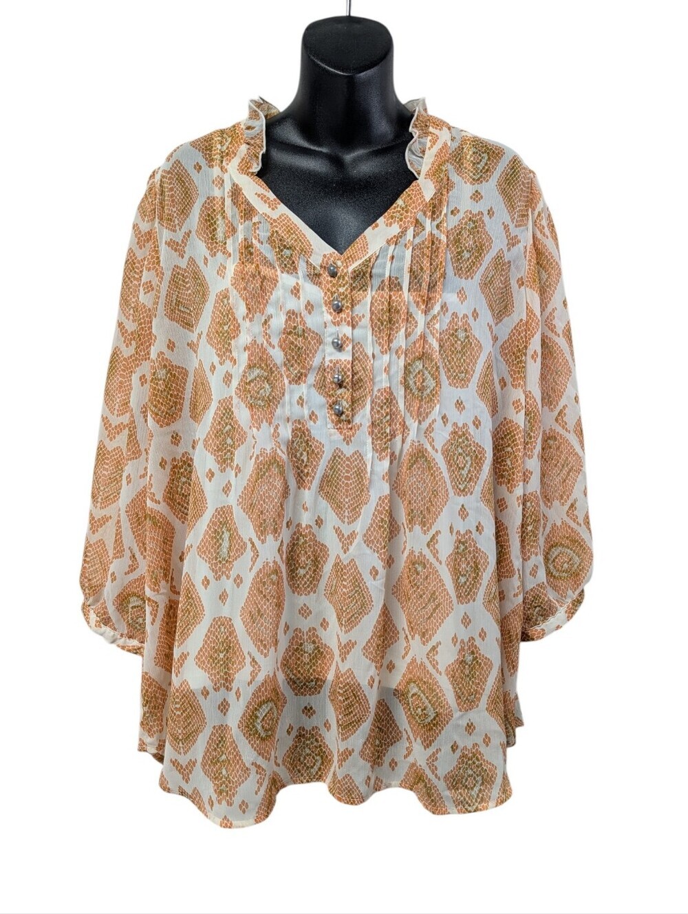 Rose & Olive Snake Print Ruffle Collar Button Front Blouse Top Plus Size 2X